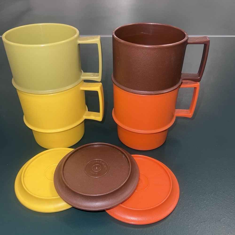 Vintage Tupperware Stackable Mugs & Lids/Coasters Set of 4 Harvest Cups/3lids